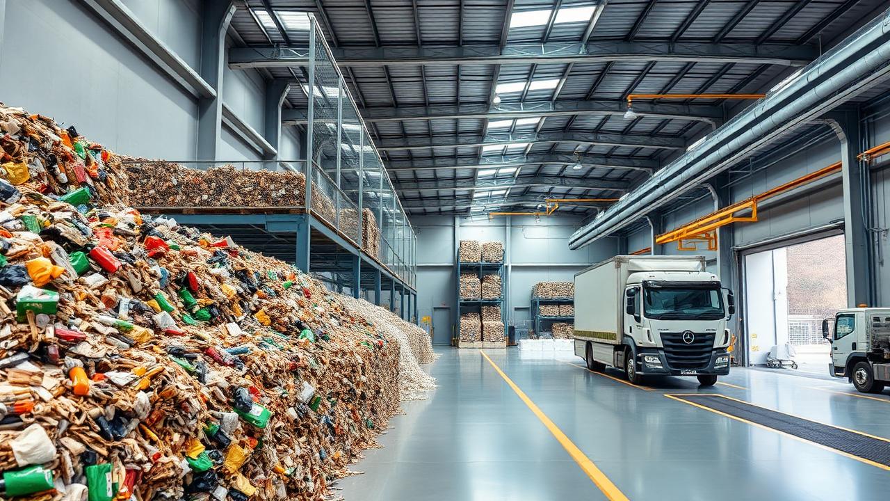 XCYCLE aggregation facility with baled recyclable material and a collection truck