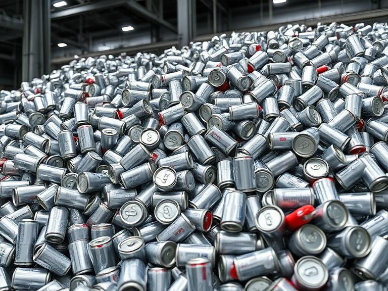 Crushed aluminium beverage cans at a recycling facility