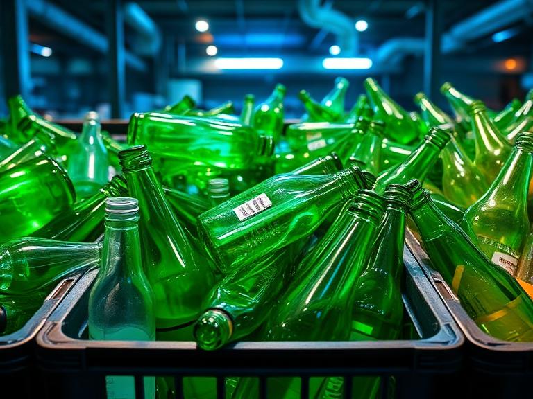 Sorted glass bottles in recycling crates