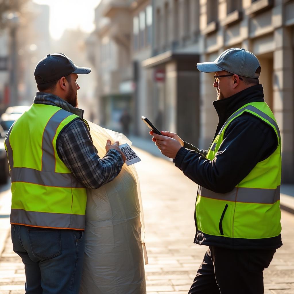 Collector scanning an XCYCLE QR label on a recyclable collection bag